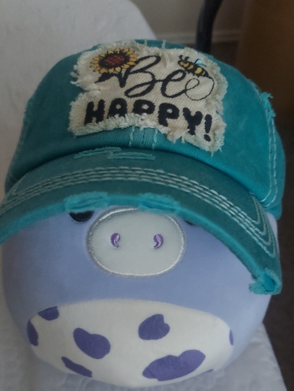 KBETHOS Plush Cow with Teal Bee Hat and Purple Spots